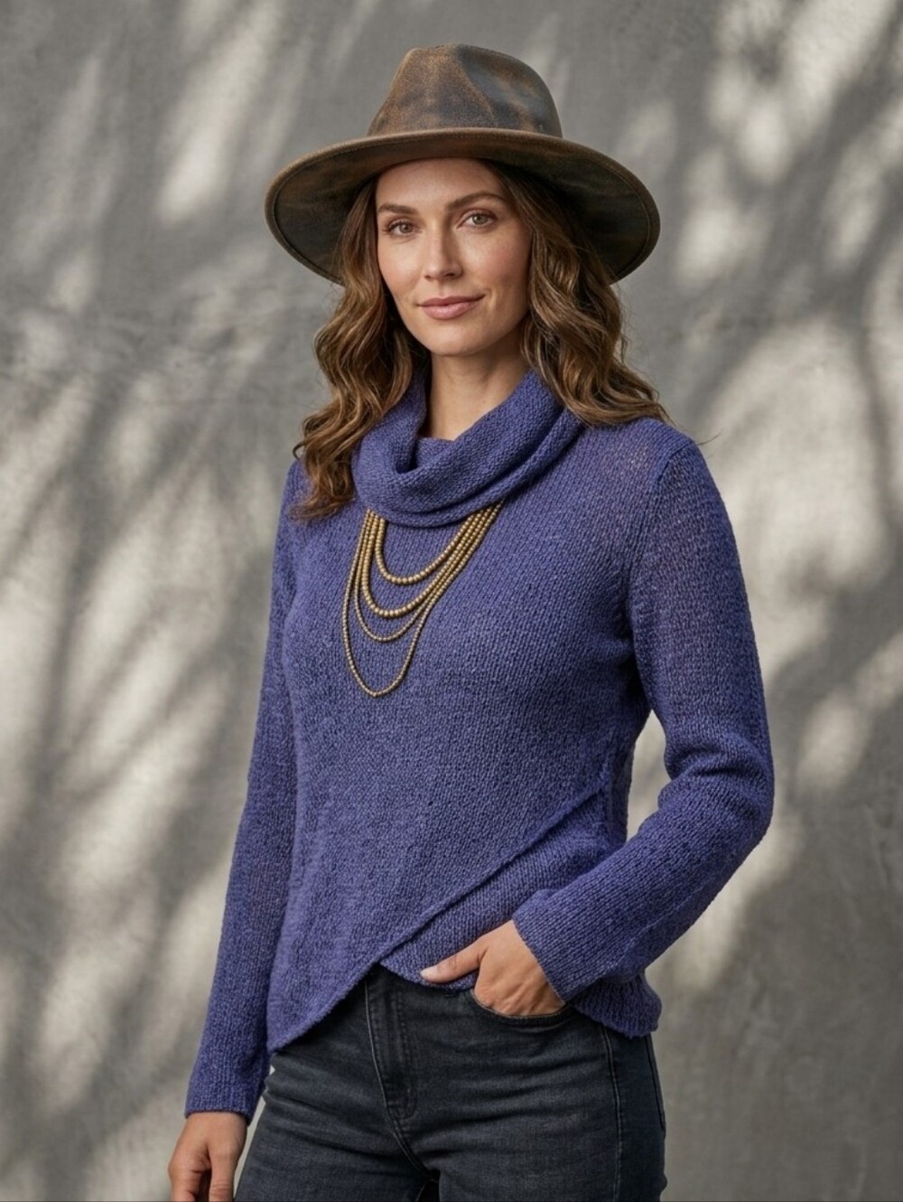 Wooden Ships Cowl Neck Slouchy Boho Mohair Wool Blend Knit Sweater Navy Blue S/M
